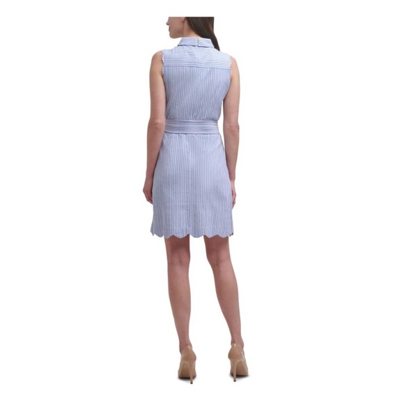 NWT Harper Rose Belted Striped Shirt Dress Blue Scalloped Hem Button Front sz 14 - Picture 3 of 8